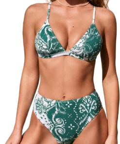 CUPSHE Damen Bikini Set V Ausschnitt Strukturiertem Rücken Gekreuzten | Bändern Binden, Mittelhoch Geschnitten, Verstellbare Träger, Raffungen für Bauchweg, Weiches Stretchmaterial