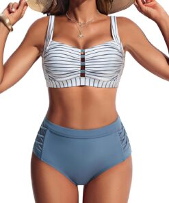 Hanna Nikole Bikini Damen Set, Hohe Taille Bauchweg Badeanzug, Push Up Zweiteiler Bademode, Brust Ausschneiden Sexy Bikinis, Plissierte Elegante Strandmode, Schwimmanzug mit verstellbaren, gekreuzten