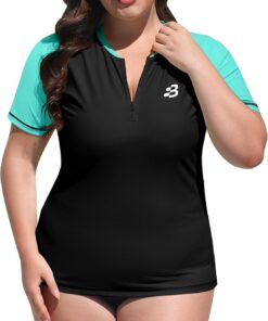 BesserBay UV Shirt Damen Übergröße 1/4 Zip Schwimmshirt Kurzarm UPF 50+ Rashguard Women Sonnenschutz Trocknender Badeshirt ohne Bra Surfershirt 1X-4X