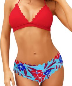 SHEKINI Damen Triangle Bikini Set Wellige Bademode Bunt Blumenmuster Badeshorts Sommer Zweiteiliger für Frauen Neckholder Schnürung Badeanzug