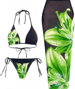 ZAFUL 3pcs Damen Bikini Sets Tropische Blumen Halter Triangle Bikinioberteil Tie-Seite Bikinihose Badeanzug mit Lange Sheer Sarong Strandkleider