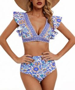 Damen Badeanzug mit Rüschen Spitze Bauchweg Swimsuit V Ausschnitt Rüschen Trenn-Bikini Bademode Bikini Sexy