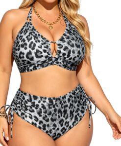 Bikini Set Damen Grosse Grössen Leopard Push Up V-Ausschnitt Bikini Top Große Brüste High Waist Bauchweg Zweiteiliger Badeanzug Set Plus Size mit Verstellbaren Trägern für Strand Urlaub Curvy Bademode