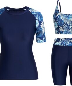 Owntop Damen 3-teiliger Rash Guard | UPF50+ UV Shirt | Kurzarm Rashguard-Shirts & Bikini Top & Hochtaillierte Boyshorts | Schnelltrocknend Badebekleidung Badeanzüge | Schwimmen Surfen