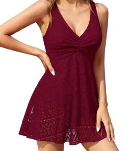 SHEKINI Damen Einteilige Badeanzug Badekleid Spitze Bauchweg V-Ausschnitt mit Briefs Schwimmkleid Große Größe Baderock Modest Badeanzugkleid