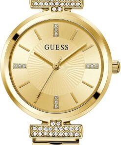 Guess Array Damen Armbanduhr mi Zirkonia in der Farbe Gold mit Armband aus Edelstahl, Wasserdichtigkeit: 3 bar, Gehäusedurchmesser: 28 mm, GW0762L2