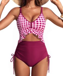 Hanna Nikole Sexy Damen-Einteiler mit Rüschensaum, herausnehmbaren BH-Einlagen, Bauchkontrolle und -formung, verstellbaren Schulterträgern, Cut-Outs, Bauchfalten und verstellbaren Seitenbändern