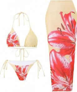 ZAFUL 3pcs Damen Bikini Sets Tropische Blumen Halter Triangle Bikinioberteil Tie-Seite Bikinihose Badeanzug mit Lange Sheer Sarong Strandkleider