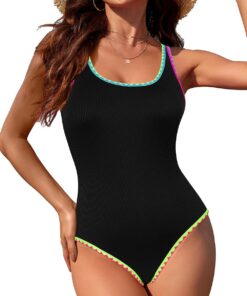 SHEKINI Damen Modest Tummy Control Neon Einteiliger Badeanzug | Gerippter,Quadratischer Ausschnitt,Neonfarbenen Muschelsaumnähten,Herausnehmbare Polsterung