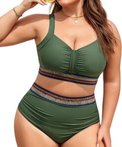 Damen Bikini Set Große Größen Twist-Kreuz Push Up Oberteil High Waist Hose Bauchweg Deckend mit Verstellbare Träger Bademode für Curvy Strandmode