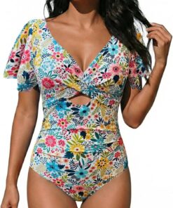 Damen Badeanzug Bauchweg Rüschen One Piece V Ausschnitt Badebekleidung Push up Hoch Monokini mit Bauchkontrolle Swimsuit Cross Swimwear