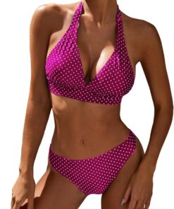 Damen-Bikini, mittelhoch, Neckholder, V-Ausschnitt, Push-Up-Front, klassisch, gepunktet, zwei Badeanzug