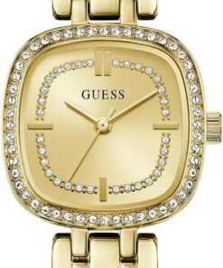 Guess Hazel, Damen Armbanduhr, Quarz Analog, Edelstahl, 25mm, Silikonarmband, Gold, 5 bar, Zifferblattfarbe: Champagner, GW1018L2