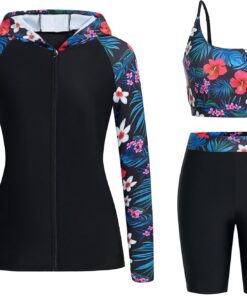 Owntop Damen 3-teiliger Rash Guard | UPF50+ Badeanzüge Kapuzen UV-Shirt | Langarm Reißverschluss Rashguard Shirts & Bikini Top & Hochtaillierte Boyshorts | Schwimmen Surfen Bescheidene Badebekleidung
