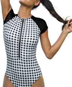 CUPSHE Badeanzug Damen High Neck Kurzarm Reißverschluss Vorne Sportlich | Hoher Ausschnitt,Bequeme Passform, Für Strand und Pool,Bademode Swimsuit