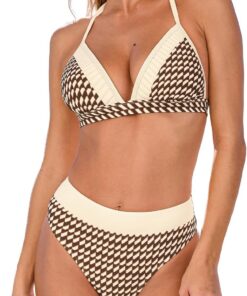CUPSHE Damen Bikini Set V Ausschnitt Farbblock Zweiteiliger Halterträger | Badeanzug Vollflächige Abdeckung Retro, Rücken Haken, Verstellbare Träger, Raffung am Bauch, Weiches Stretchmaterial