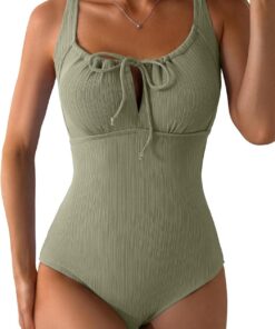 Dokotoo Damen Badeanzug Sexy Knoten vorne Bademode Bauchweg Texturiert Einteilige Strandmode Swimsuit S-XXL