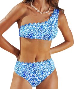 CUPSHE Damen Bikini Set One Shoulder Wellenkante Mid Waist Bikini Asymmetrische Bademode Zweiteiliger Badeanzug Swimsuit
