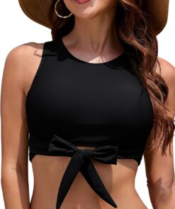 SHEKINI Crop Top Schwimmen Badeanzug Hoher Hals Frauen Bikini-Oberteil Front Tie Knot Badeanzug Tank Eingebauter BH Beach Wear