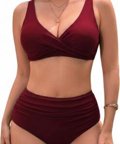 Bikini Damen Set Bauchweg, High Waist Shape Bikinis FüR Damen | Sport Push Up Curvy Sexy Zweiteiler Swimsuits V Ausschnitt Twist Front Neckholder Bademode S-XXL