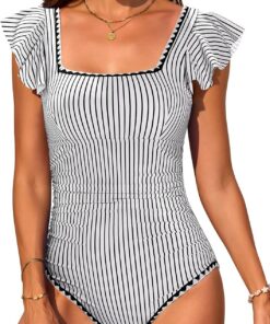 Damen Einteiler Bauchweg Badeanzug mit Rüsche Quadrat Ausschnitt und Kreuzrückenfederung Adjust Hoch taillierter Monokini Push Up Cut-Out Detail für Strand Pool