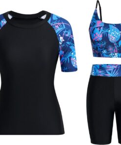 Owntop Damen 3-teiliger Rash Guard | UPF50+ UV Shirt | Kurzarm Rashguard-Shirts & Bikini Top & Hochtaillierte Boyshorts | Schnelltrocknend Badebekleidung Badeanzüge | Schwimmen Surfen