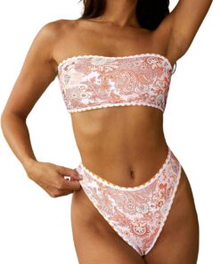 ZAFUL Damen Bandeau Bikini Set Gerippt/Blumen/Boho/Tropical Hoher Beinausschnitt Cheeky Trägerlos Zweiteiler Badeanzug Bademode