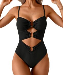 Badeanzug Damen Sexy, Schwimmanzug mit Cups Tiefer V Ausschnitt mit Ring Metallschnalle, Bademode Damen Große Größe One Piece Swimsuit Swimwear for Women