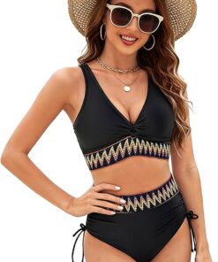 Damen Bikini Set Sexy Hohe Taille Bauchweg Badeanzug Zweiteilig V Ausschnitt Kordelzug Badeanzüge Bunt Gestreift Bademode Bikinis