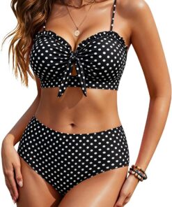 HORISUN Damen Hochtaillierter Bikini-Set, Zweiteiler Badeanzug mit Knotendetail vorne und Rüschenbesatz, Strand-Badebekleidung für Frauen