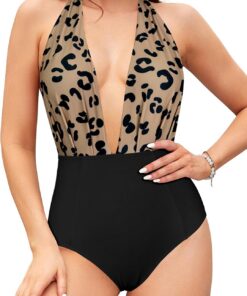 SHEKINI Damen Einteiliger Badeanzug Rückenfrei Monokini Bademode Verstellbar Neckholder Tiefen V Ausschnitt Strandmode