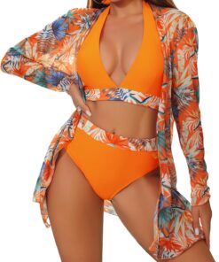 Damen Bikini Set 3 Teiliger Neckholder Luftig Bademode | Luftig Herausnehmbare Polster Strandtunika Schwimmen Strandmode badeanzug,Schnelltrocknend Weich Stretch