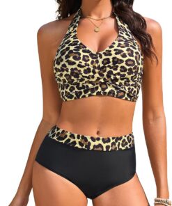 Nadeer Bikini Damen Set Bauchweg Badeanzug Zweiteiliger High Waist Bademode Sexy V Ausschnitt Neckholder Push Up Große Brüste Blumenmuster Swimsuit