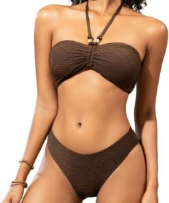 SHEKINI Damen Textur Halter Bandeau Perlen Krawatte Zurück String Bikini Oberteile Mittlere Abdeckung Bikinihosen Zweiteilige Badeanzug Badeanzüge Bademode