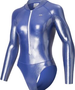 LEOHEX Damen Langarm Badeanzug Super Glänzend Sexy Rash Guard Reißverschluss Surfanzug Mit Hohem Kragen Taucheranzug