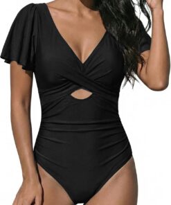 OUSIMEN Badeanzug Einteiler V Ausschnit Monokinis | Damen Badeanzug: V-Ausschnitt mit Kreuzfront, Rüschenärmel Front-Cut-Out, Bademode Swimsuit.