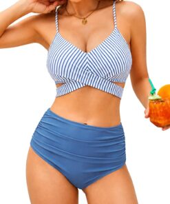 Bikini Damen Set Bauchweg Sexy High Waist Push up Zweiteiliger Badeanzug Oberteil V Ausschnitt Cross Verstellbar Lace Up Back Swimsuit S-XXL