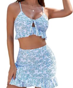 Damen Bikini Rock Set Cropped Oberteil High Waist Bauchweg Baderock Bademode Mit Innenslip Schwimmrock