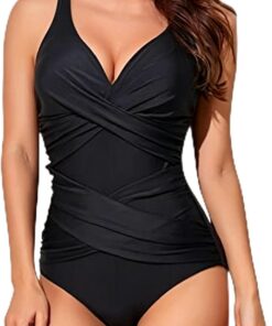 Badeanzug Damen Bauchweg Push Up, Schwimmanzug Sexy mit Cups, Einteiler Bademode Große Größen, V Ausschnitt, One Piece Swimsuit Swimwear for Women