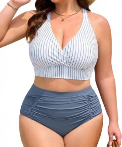 Bikini Damen Set Große Größen Bauchweg High Waist Bikini V-Ausschnitt Zweiteiler Bademode mit Cups Plus Size Swimsuits Sommer Strand