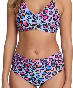Halcurt Bikini Damen Set Raffung Bauchweg Zweiteiliger Badeanzug S-XL | Verstellbare Träger V Ausschnitt Bikini Oberteil, Hohe Taille Ruchung Bikinihose, Gepolsterter BH, Schnell Trocknend