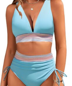 Damen Bikini Set Bauchweg High Waist Badeanzug Push Up Bademode Kordelzug Side Zweiteiliger Badeanzüge Sexy V Ausschnitt Bikinis für Frauen Swimsuits
