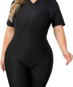Damen Badeanzug Große Größen Badeanzug mit Bein L-4XL | Bauchweg Figurformend Kurzarm mit Brustpolstern Reißverschluss - für Schwimmbad Therme Strand Sport