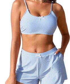 SHEKINI Damen Bikini Set High Waisted Bikini Shorts mit Taschen Zweiteiliger Badeanzug
