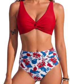 HORISUN Vintage-Bikini-Set mit hoher Taille und Bauch-Weg-Effekt | V-Ausschnitt,Twist-Design,Verstellbare Träger,Rücken-Schleife,Retro-Stil,für Pool & Strand