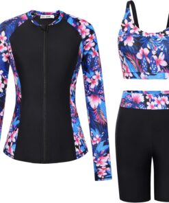 GRACE KARIN Damen 3 Piece Badeanzug Langarm Badeanzug mit Reißverschluss Elegant Tankini Set mit Jacke Surfkleidung