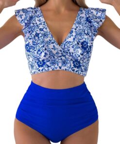 Damen Bikini Set V Ausschnitt Neckholder Wickeloptik High Waist Bikini Bademode Blumenmuster Zweiteiliger Badeanzug Swimsuit mit Rüschen