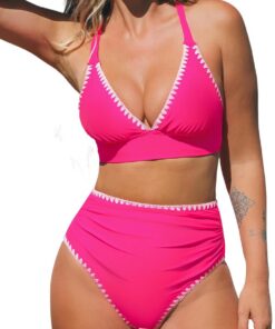 CUPSHE Bikini Damen Set V Ausschnitt Hohe Taille Raffung Vollschnitt | Volle Bedeckung,Bequeme Passform,Für Strand und Pool,Rückenkreuz,Badeanzug