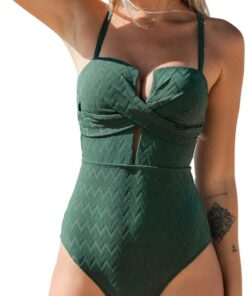 CUPSHE Damen Badeanzug Tiefer Ausschnitt Crossover Wickeloptik Geformte Cups Gerippte Textur Einteilige Bademode Swimsuit