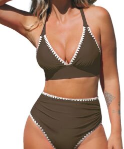CUPSHE Bikini Damen Set V Ausschnitt Hohe Taille Raffung Vollschnitt | Volle Bedeckung,Bequeme Passform,Für Strand und Pool,Rückenkreuz,Badeanzug